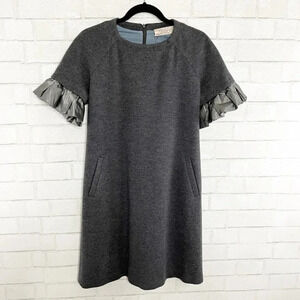Lela Rose Charcoal Gray 100% Wool Ruffle Puffed Sleeve Shift Dress Size 6